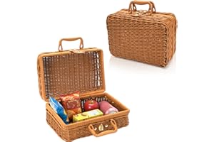 Covzoe Wicker Picnic Basket, Small Vintage Rattan Suitcase Basket with Handle, Rustic Storage Hamper Prop Case with Leather Strap Lock, Plastic Storage Box Makeup Organizer for Sundries Camping Travel