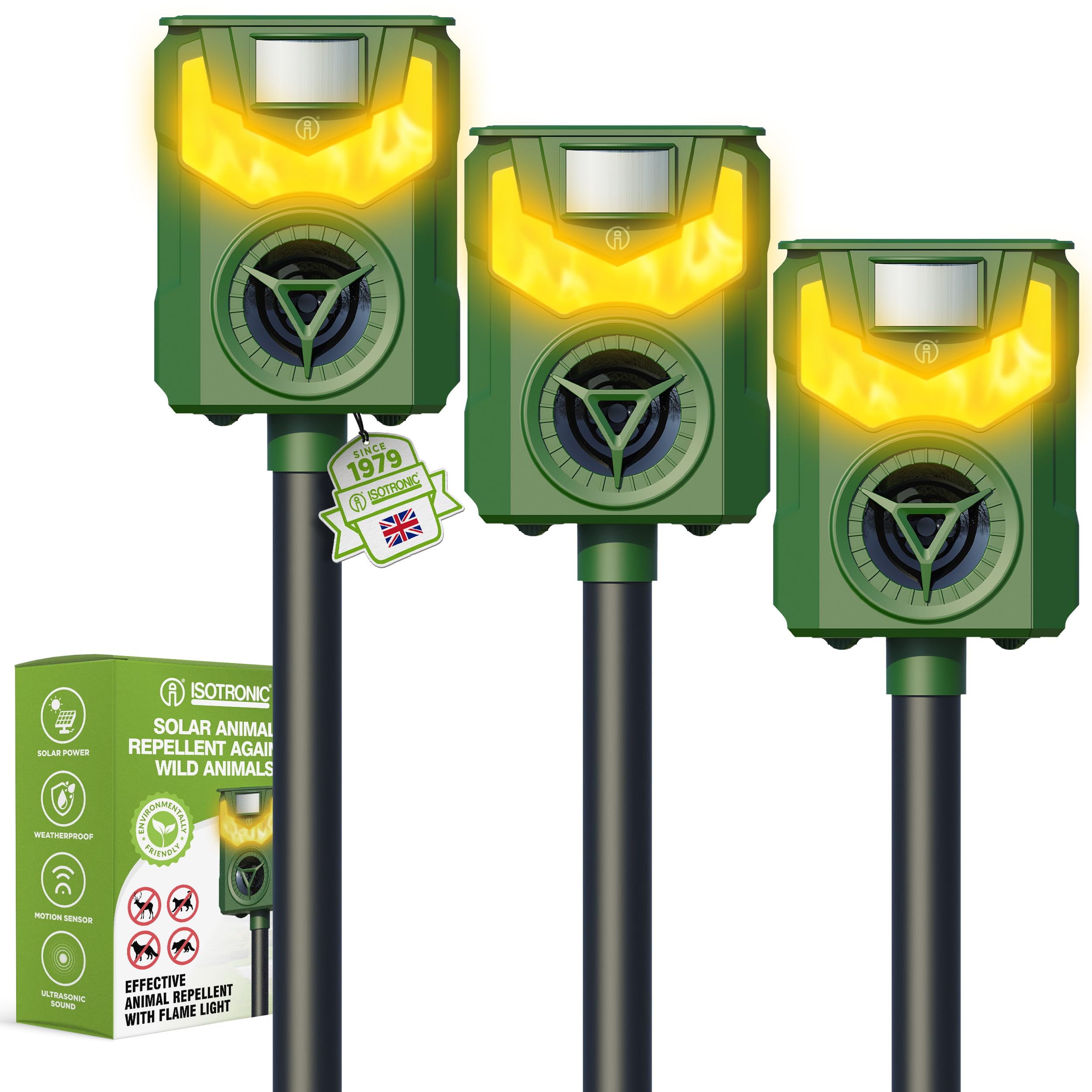 ISOTRONIC Solar Animal Deterrent with Frequency + Flame Light | Against Wildlife such as Raccoons, Roes, Foxes, Wild Pigs | Effective Animal Repellent, 3 Pieces