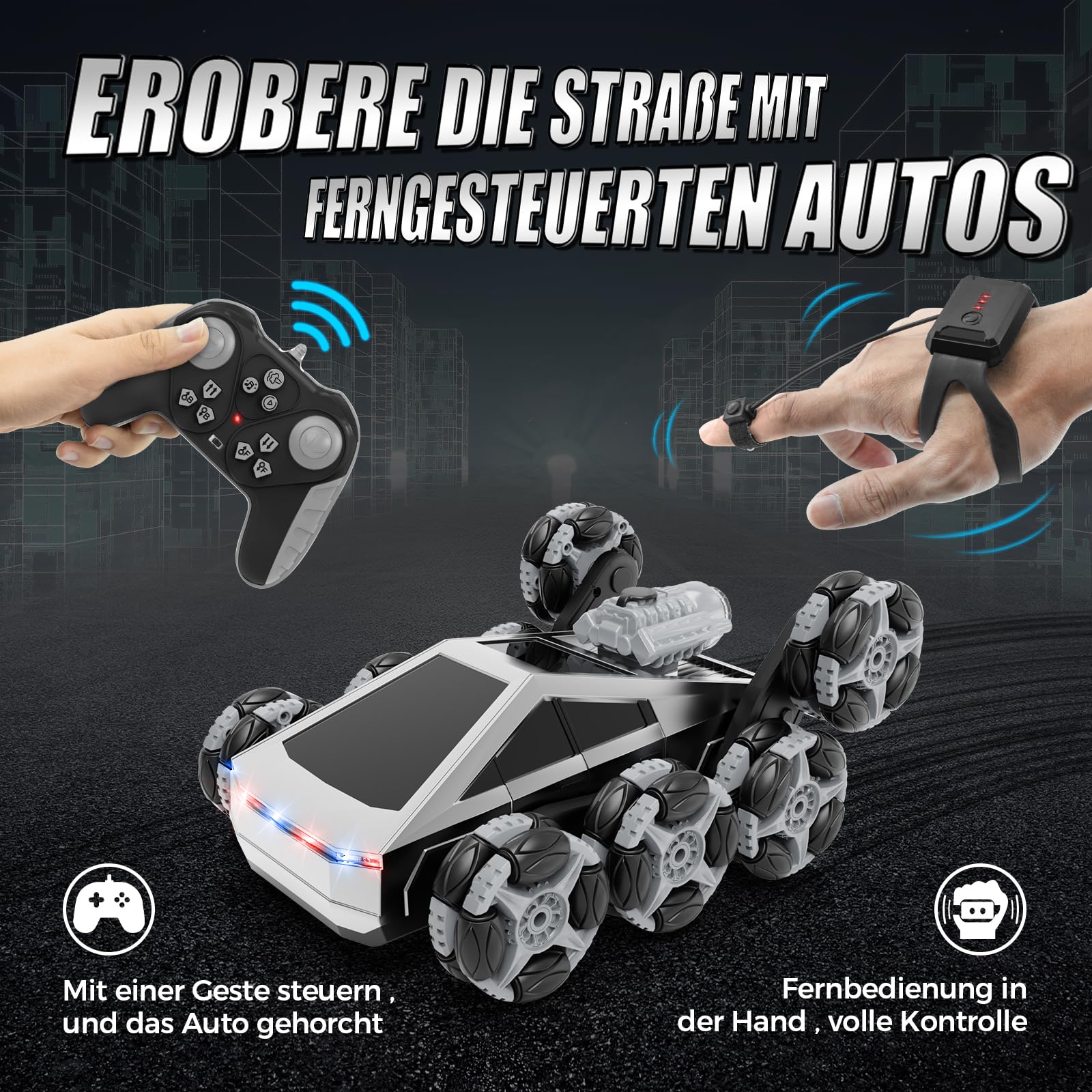 Ferngesteuertes Auto 8 Rad RC Stunt Car, 8WD RC Car, mit Handsteuerung & Fernbedienung, LED Licht Musik Sprühnebel, RC Car für Kinder 5 6 7 8 9 10 11 Jahre, geburtstagsgeschenk für Jungen und Mädchen 6