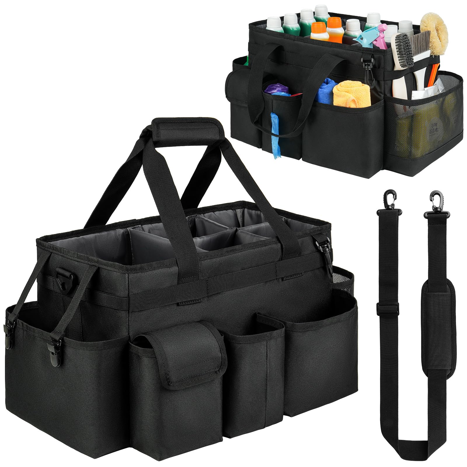 Cleaning Caddy with Handle,Cleaning Organiser,Multifunctional Cleaners Bag with Detachable Thick Dividers,Adjustable Waist Belt,Shoulder Straps for Cleaning Supplies,Home,Car,Garden,Large,Black