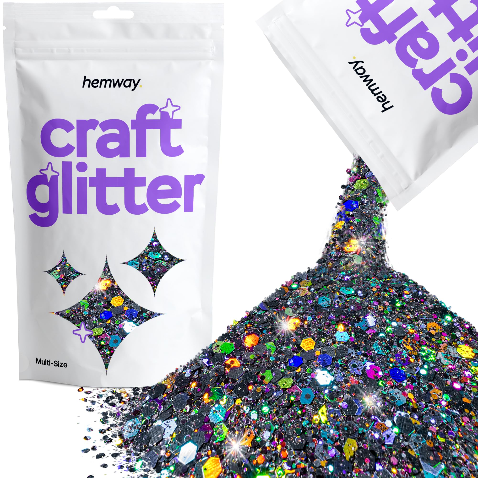 Hemway Craft Glitter Gun Metal Grey Holographic 100g Multi Size Glitter for Crafts, Resin, Cosmetic, Nail, Face, Body, Festival, Tumblers, Art, Candle, Crafting
