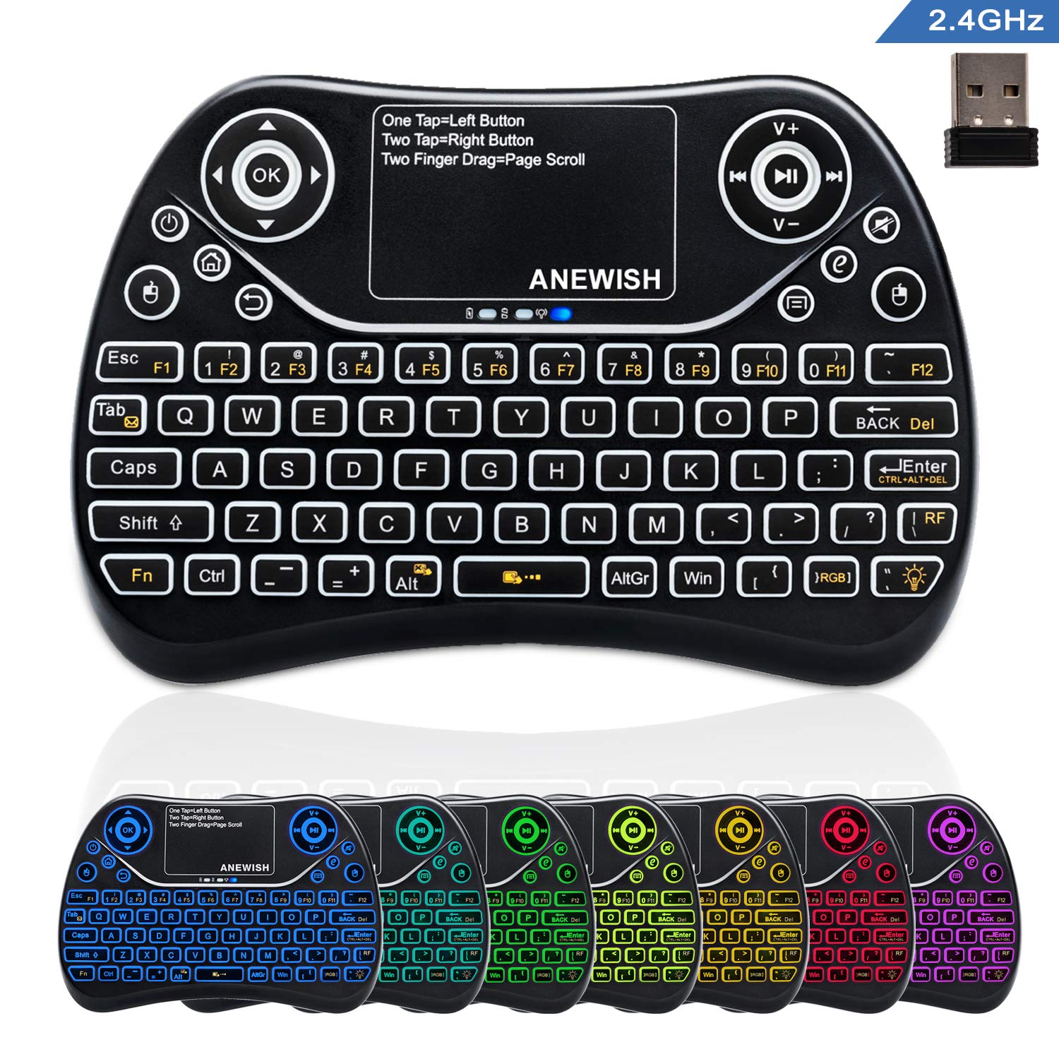 ANEWISH 2.4GHz Wireless Mini Keyboard LED Backlit RGB 7 Color with Touchpad Mouse Combo, Rechargable Compatible with PC,HTPC,Tablet,Smart TV,Projector,Android TV Box