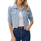 Allegra K Denim Jacket for Women Puff Sleeve Button Down Textured Cropped Jean Jackets with Pockets