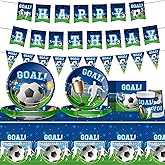 Soccer Birthday Party Decorations Includes Plates Napkins Banner Cups Tablecloth for Soccer Sports Theme Birthday Party Decorations, Serve 24