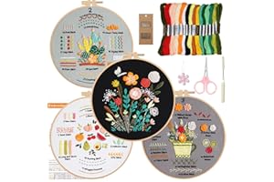 RidaaFri Embroidery Kit for Adults & Kids, Learn 31 Stitches with Video Tutorials, 4-Piece Beginner Set with Hoops, Threads, Needles & Pre-Printed Flower Patterns