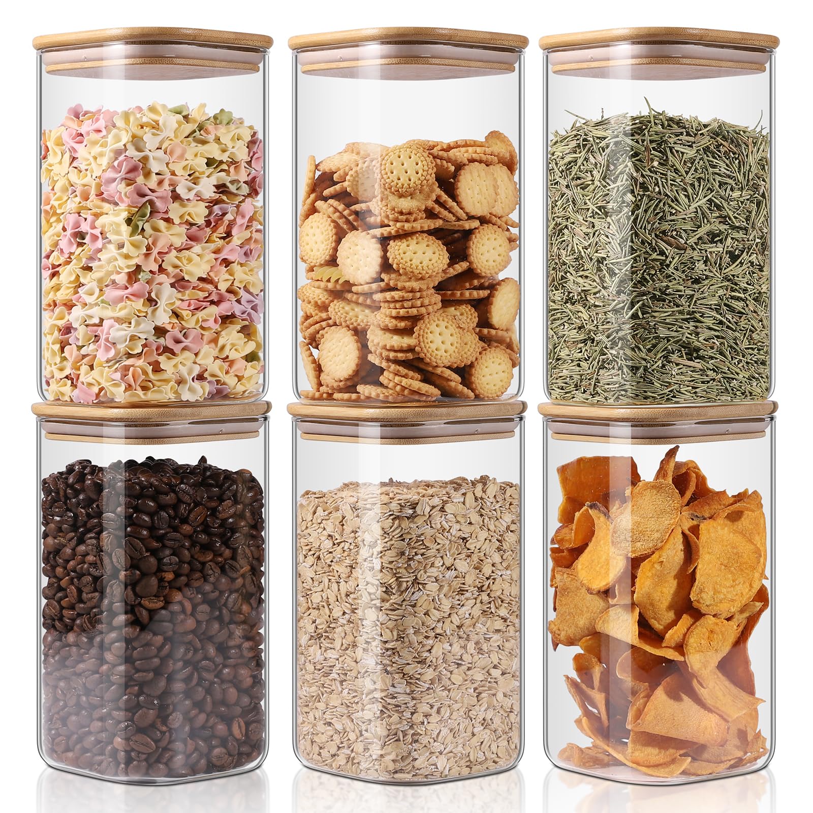Photo 1 of Glass Storage Jars 6 Pack -50oz (10cmx20cm)Clear Glass Food Storage Containers with Airtight Bamboo Lid Stackable Kitchen Canisters for Candy,Cookie,Rice,Sugar,Flour,Pasta,Nuts and Spice Jars(Square)