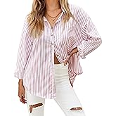 HOTOUCH Women Striped Shirts for Work Office Soft Button Down V Neck Long Sleeve Blouses Business Casual Button Up Fall Tops Rose Pink