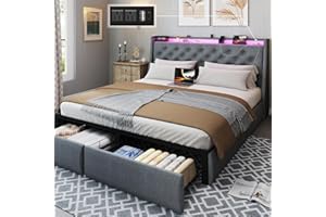 SADENICEL Queen Bed Frame with Storage Headboard and 2 Drawer, Metal Queen Size Bed Frame Platform with LED Light, Charging Station, No Box Spring Needed, Noise Free, Easy Assembly, Grey
