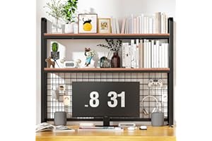 HUATOL Desktop Bookshelf for Computer Desk, 2-Tier Multipurpose Wood Countertop Bookshelf, Multipurpose Freestanding Storage Rack Display Shelf for Office, Home Decor, Kitchen, Brown