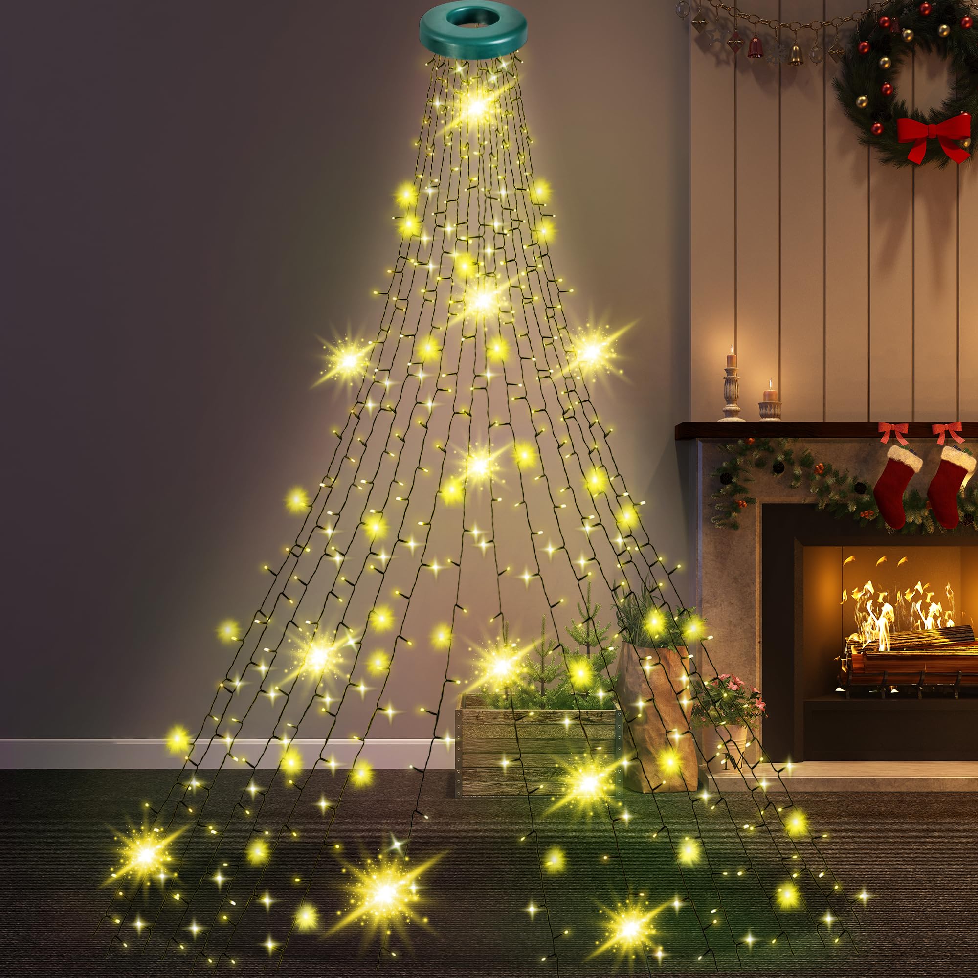 GloBrite Christmas Tree Lights with Ring - 2 m * 16 Lines, 400 LED Xmas Lights, 8 Modes, Memory & Timer, IP44 Waterproof, Indoor & Outdoor Christmas Decorations, 5M Lead Wire (Warm White)