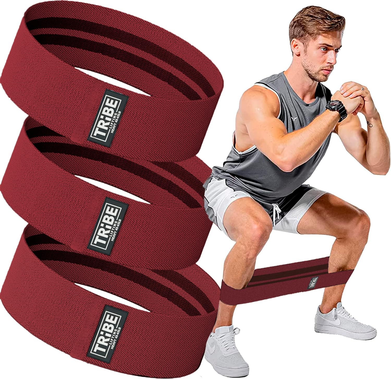 Photo 1 of Tribe Lifting Fabric Resistance Bands for Exercise - Hip Bands for Working Out Legs, Glutes, Knees and Thighs for Men and Women - Cloth Circle Booty Bands for Physical Therapy (Red)