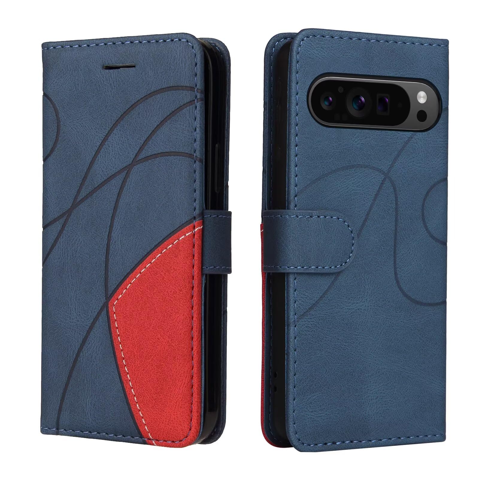 Lvnarery For Google Pixel 9 Pro XL Phone Case,Geometric Wallet Phone Case PU Leather Cover with Magnetic Closure Kickstand Folding Stand Silicone Bumper Card Holder Pouch Blue