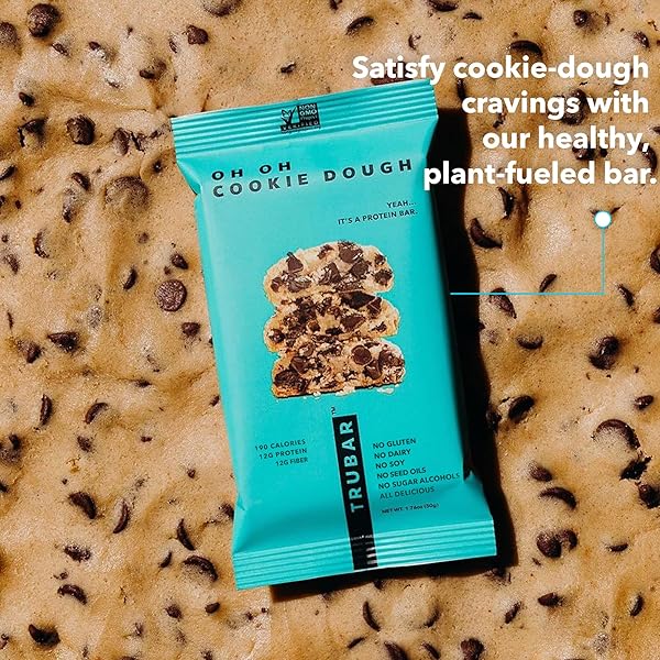 TRUBAR VEGAN PROTEIN BAR, OH OH COOKIE DOUGH, GLUTEN FREE, PLANT BASED, HIGH FIBER, DAIRY FREE, LOW FAT, NON GMO, NO SUGAR ALCOHOLS, 12G LEAN PROTEIN, 13G FIBER, HEALTHY SNACK BARS, 12 CT