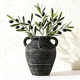 Handmade Flower Vase, 10.2" Rustic Terracotta Vase with 4 Handles, Vintage Ceramic Flower Vase, Matte Black Ear Pot for Entryway, Table, Shelf, Living Room, Fireplace, Home Decor