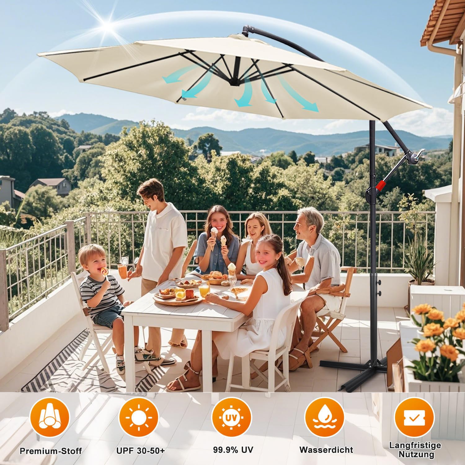 Joparri Sonnenschirm Beige Ø 300 cm mit Kurbel| Ampelschirm mit Ständer | Gartenschirm Sonnenschutz UV-Schutz Aluminium | Kurbelschirm Marktschirm wasserdicht 2