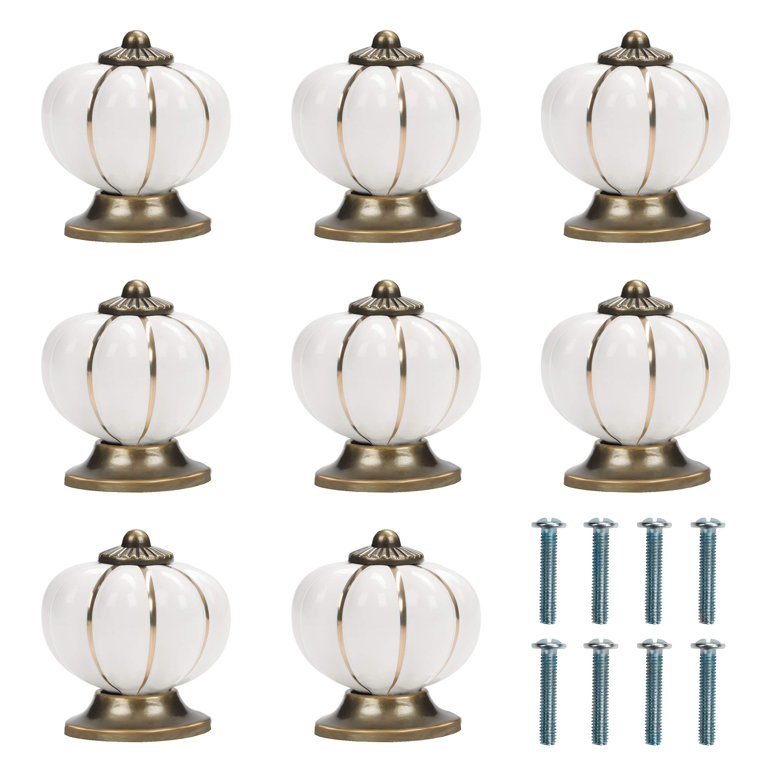 Kurtzy White and Gold Pumpkin Ceramic Knobs with Screws (8 Pack) - 3.6 x 3.9cm/1.42 x 1.54 Inches - Round Vintage Pull Handles for Home & Office Furniture - Kitchen Cabinet, Drawers & Cupboard Doors