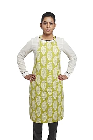 Amazon Brand - Solimo 100% Cotton Adjustable Kitchen Apron, Paisley (Green)