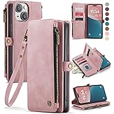 Defencase Compatible with iPhone 14 Plus Case Wallet with RFID Blocking Card Holder for Women Men, PU Leather Magnetic Snap Flip Zipper Strap Wallet Phone Case Fit for iPhone 14 Plus 6.7", Rose Pink