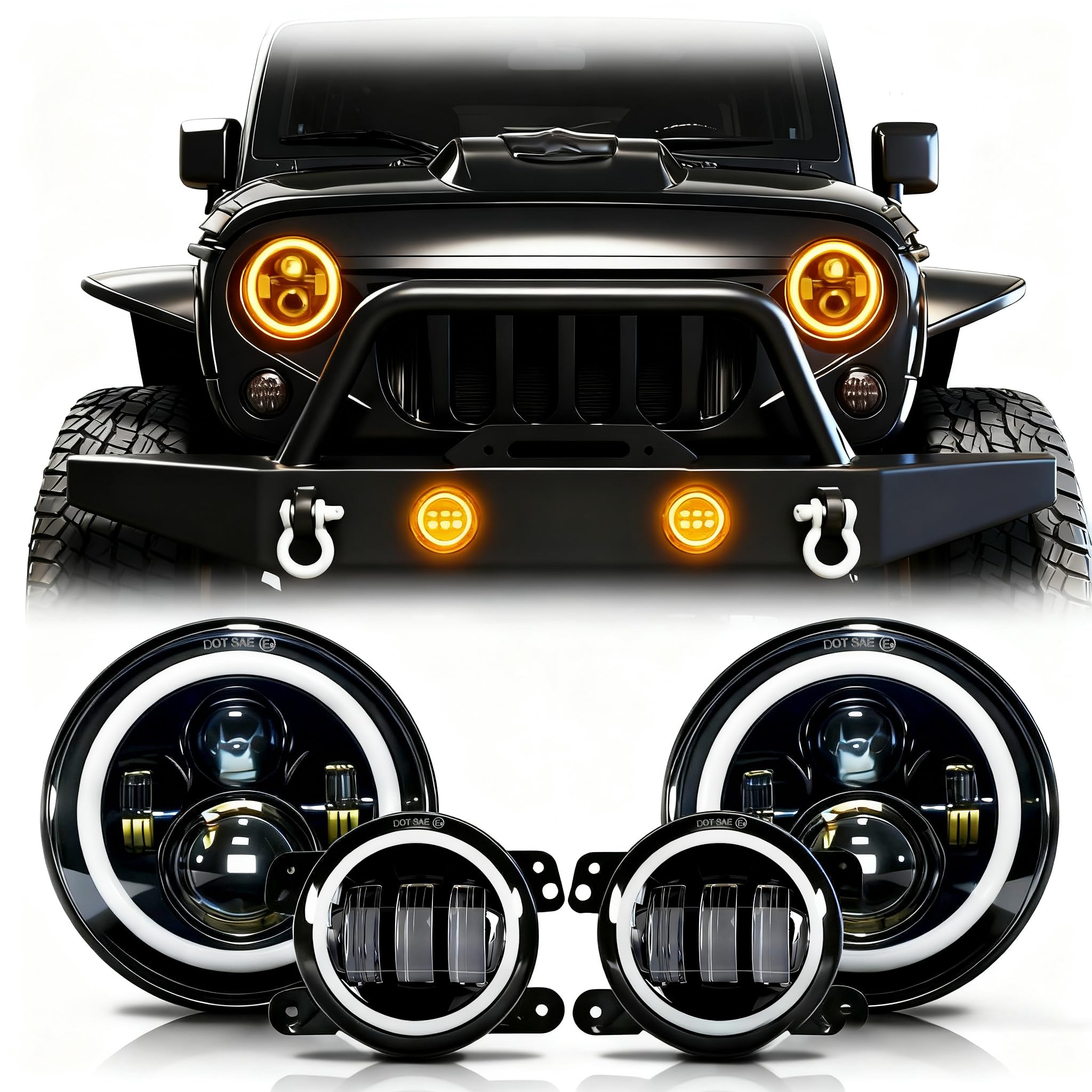 Photo 1 of MGLLIGHT 2pcs 7 Inch Round LED Headlights with Halo Angel Eyes & Amber Turn Signal + 2pcs 4 Inch LED Fog Lights Combo Fit for Wrangler JK/TJ/LJ/CJ, Super Bright