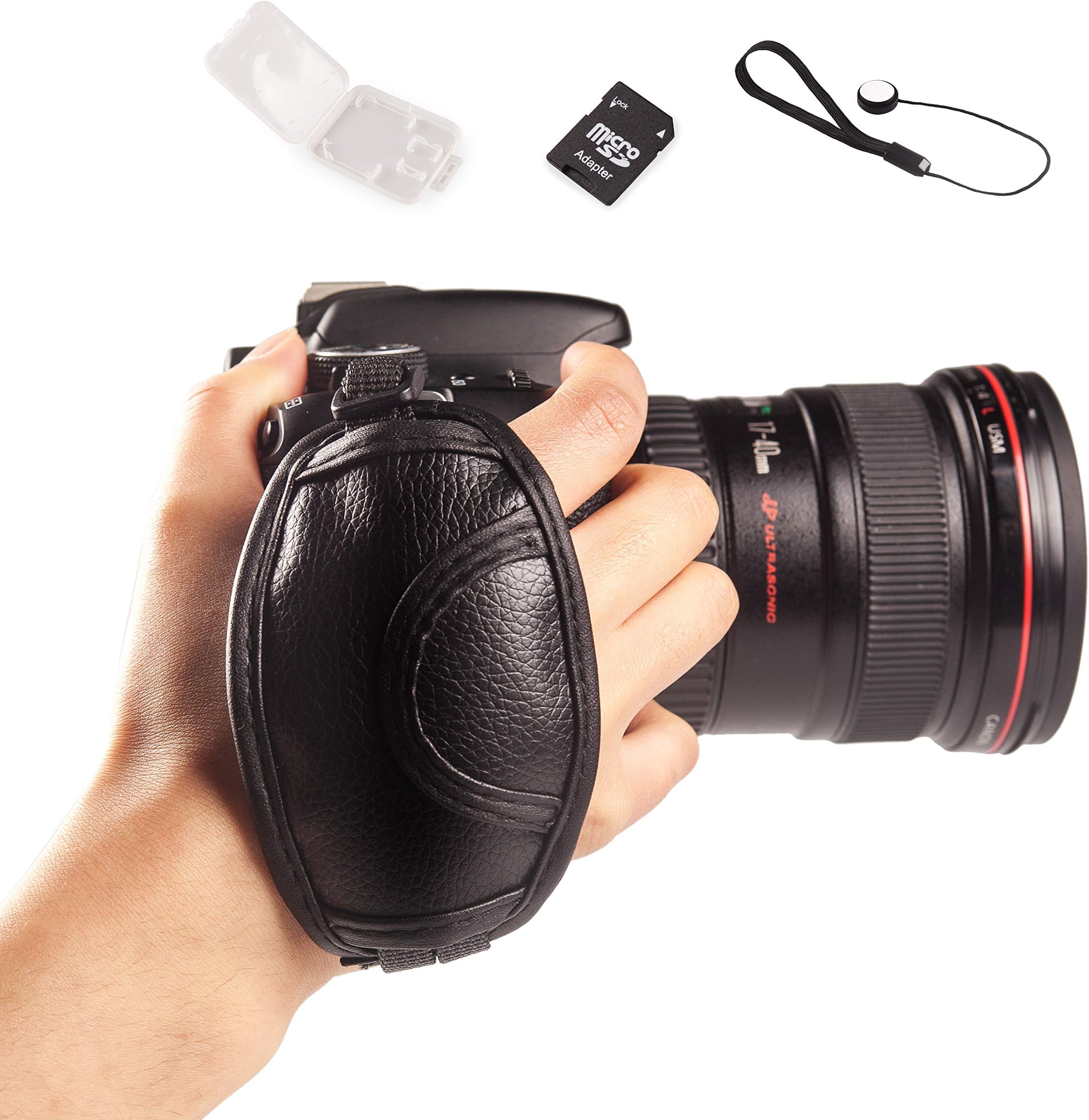 CamZone Leather Hand Grip Strap for Canon EOS Nikon D7200 D7000 D600 D800 D90 D5200 D3100 Sony Olympus SLR/DSLR Leather Wrist Strap+Lens Cap Anti-Lost Keeper Leash,TF Adaptor TF/SD Card Holder Case