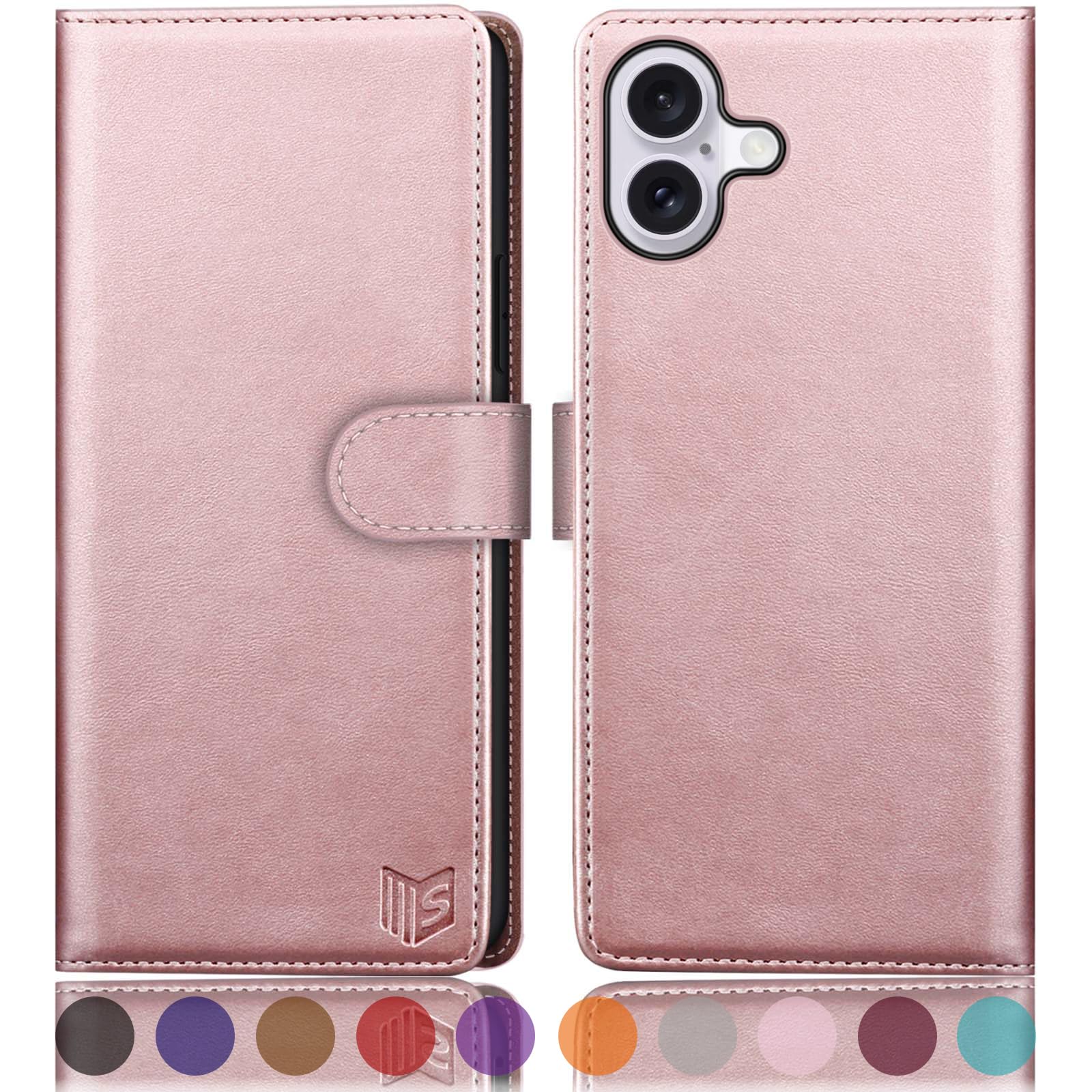 SUANPOT compatible with iPhone 16 Plus 6.7" case with [Credit Card Holder][RFID Blocking],PU Leather Flip Book Protective Cover Women Men for Apple 16 Plus Phone case Rose Gold