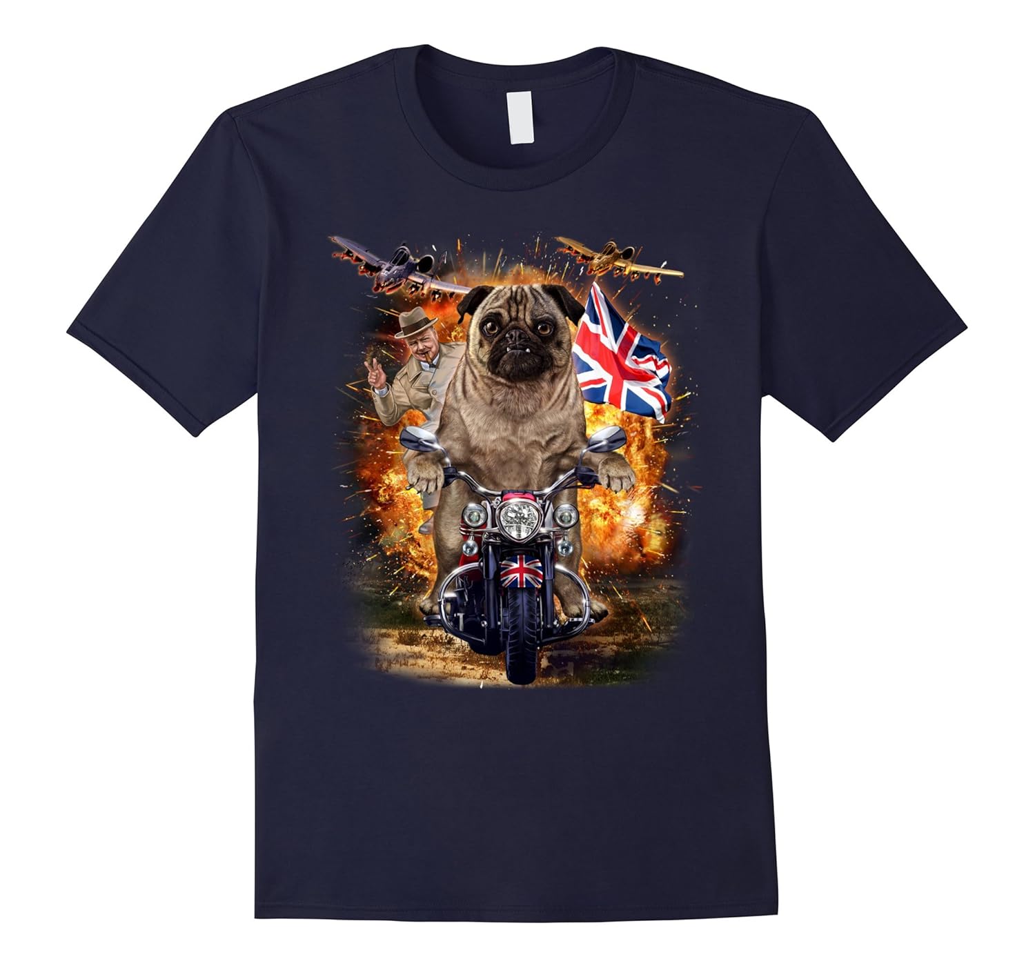 Pug Dog Ride Motorcycle with UK Winston Churchill T-Shirt-ANZ