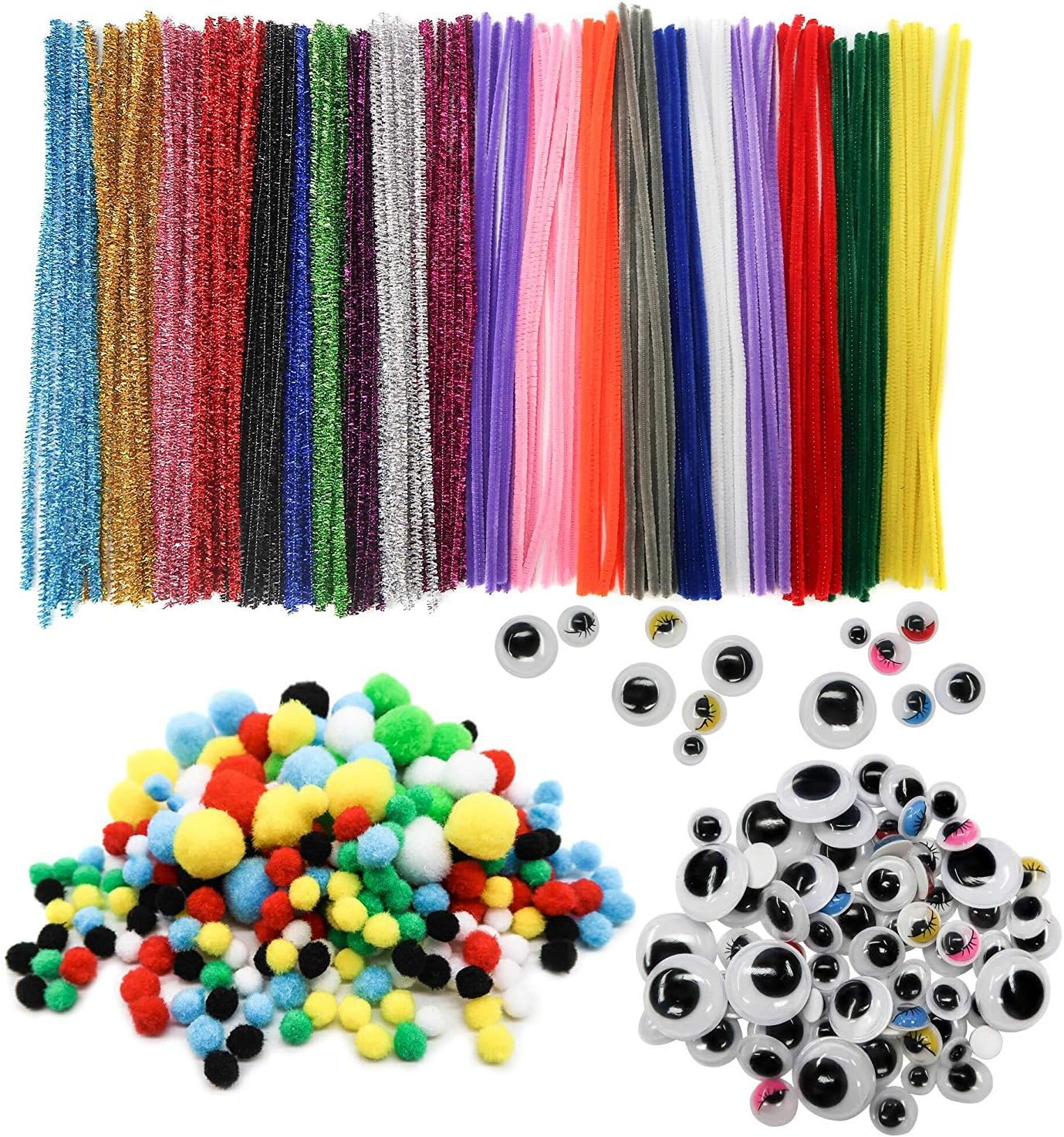 TOAOB 320 Stück Pfeifenreiniger Chenilledraht Pompons und Selbstklebend Wackelaugen für Handwerk Dekoration