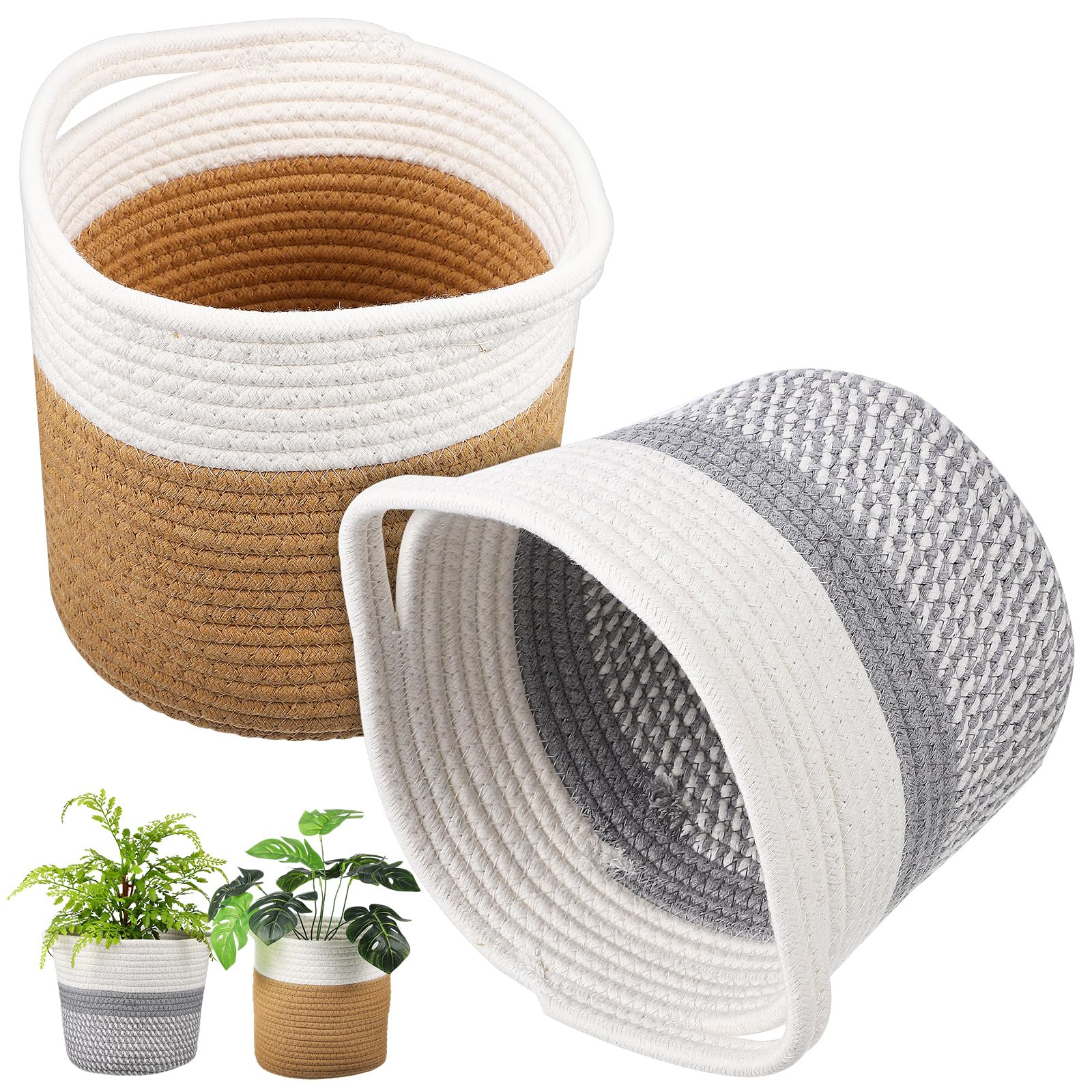 GANAZONO 2PCS Indoor Woven Plant Pots, Cotton Rope Plant Basket, Laundry Basket for Indoor Plants Flower Pot and Home Decoration