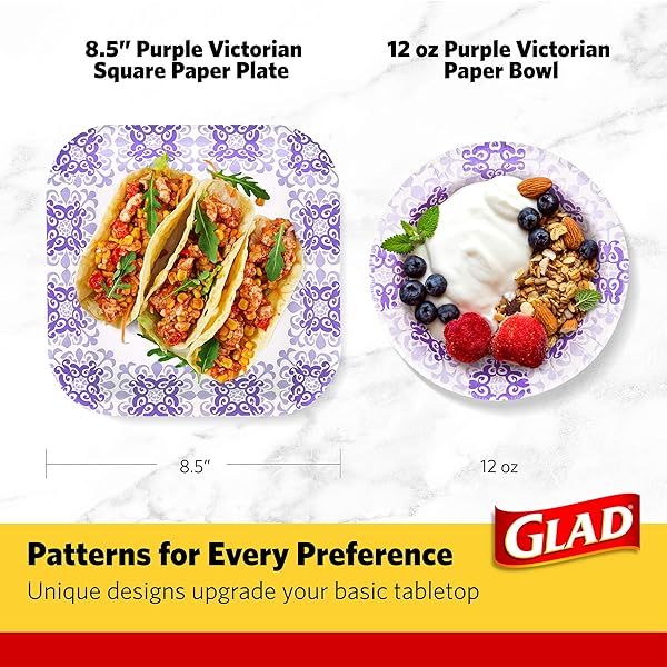 GLAD SQUARE DISPOSABLE PAPER PLATES FOR ALL OCCASIONS | SOAK PROOF, CUT PROOF, MICROWAVEABLE HEAVY DUTY DISPOSABLE PLATES | 8.5″ DIAMETER, 50 COUNT BULK PAPER PLATES