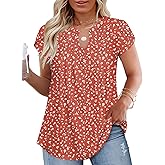 VISLILY Plus-Size-Summer-Tops for Women Dressy V Neck T Shirts Trendy Petal Short Sleeve Tunics Casual Pleated Blouses 1X-5X