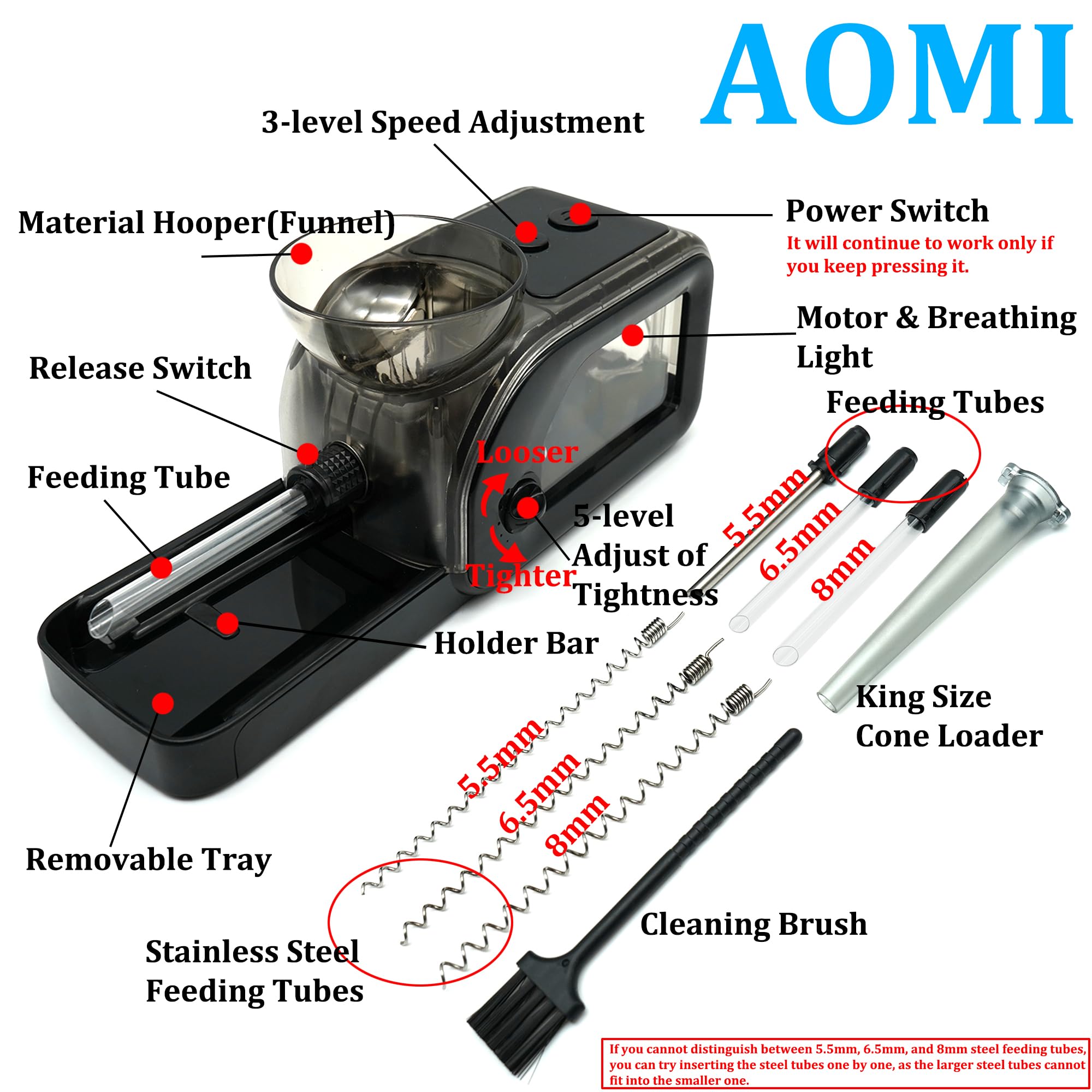 Electric Tobacco Cigarette Rolling Machine, Portable Cone Loader Injector Machine, Multi-Color Pulsating Light Black Adjustable Roller for Cigarette Fit 5.5/6.5/8mm & Pre Rolled Cones for King Size