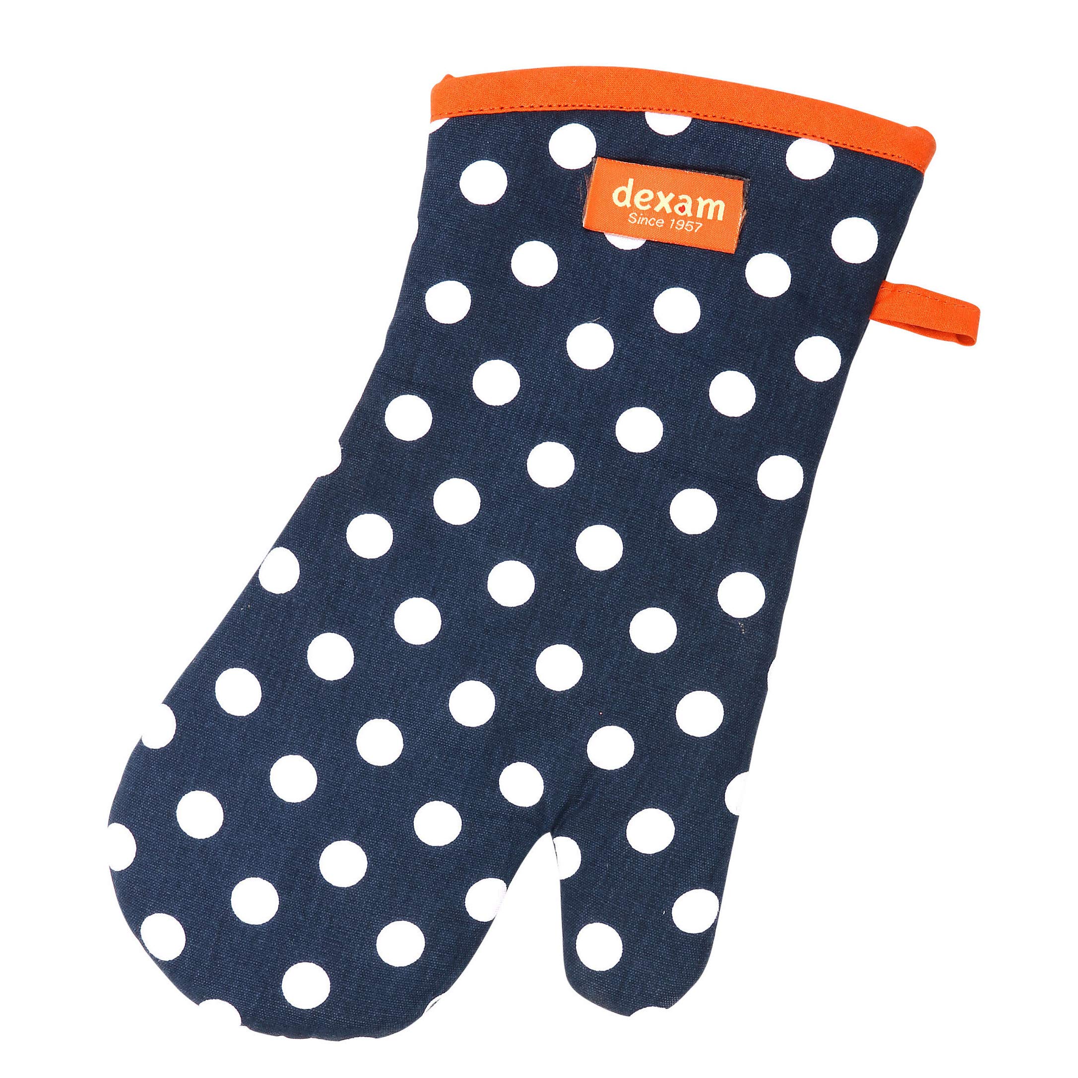 Dexam - Polka Dot Gauntlet, Navy Blue, Single Oven Glove, Thermal Layer, Cotton, Machine Washable, One Size