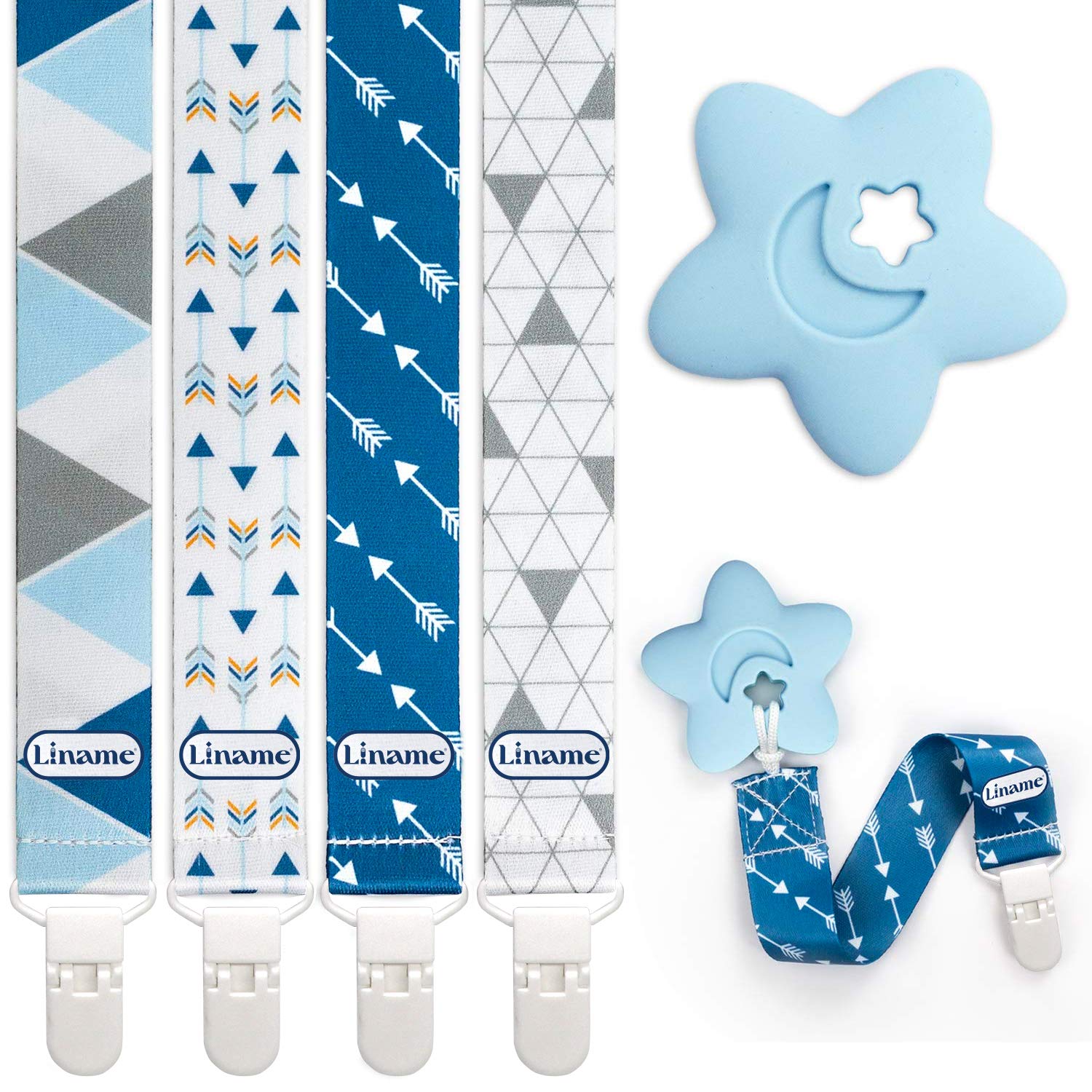 Liname 4 Pack Pacifier Clip for Boys & Girls w/Teething Toy - Baby Gift - for Soothers (Blue, Plastic Clips) : Baby