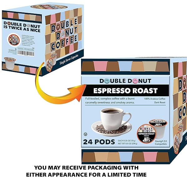 DOUBLE DONUT COFFEE ESPRESSO ROAST BLEND IN RECYCLABLE SINGLE SERVE ESPRESSO PODS FOR THE KEURIG K CUP MACHINE, 24 COUNT