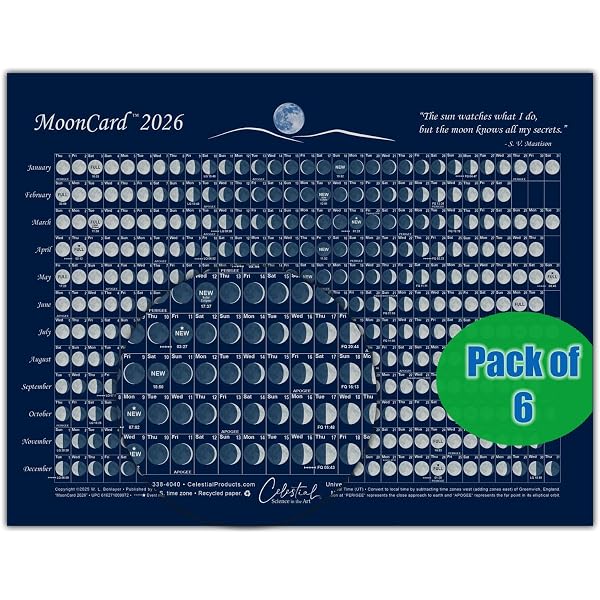 2026 Moon Calendar Card (40 pack): Lunar Phases, Eclipses, and