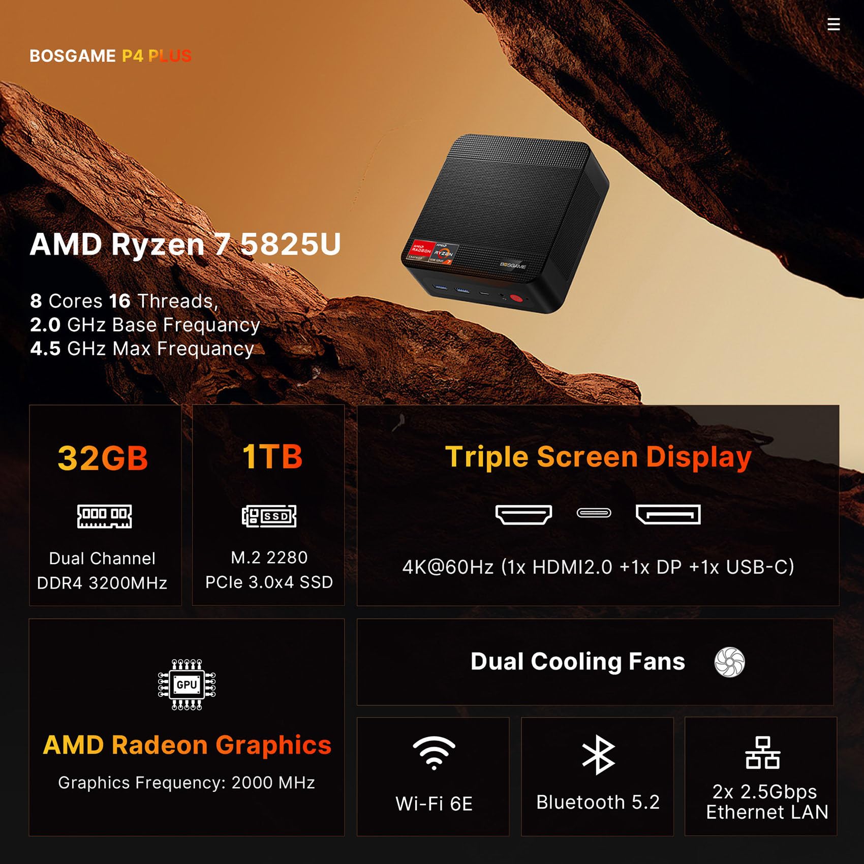 BOSGAME P4 Mini PC, Mini Computers with AMD Ryzen 7 5825U (up to 4.5GHz), 32GB DDR4 1TB PCIe SSD, 4K Triple Display, Dual LAN 2.5G, Wi-Fi 6E/BT5.2, Micro Desktop Computers for Gaming, Office & Design