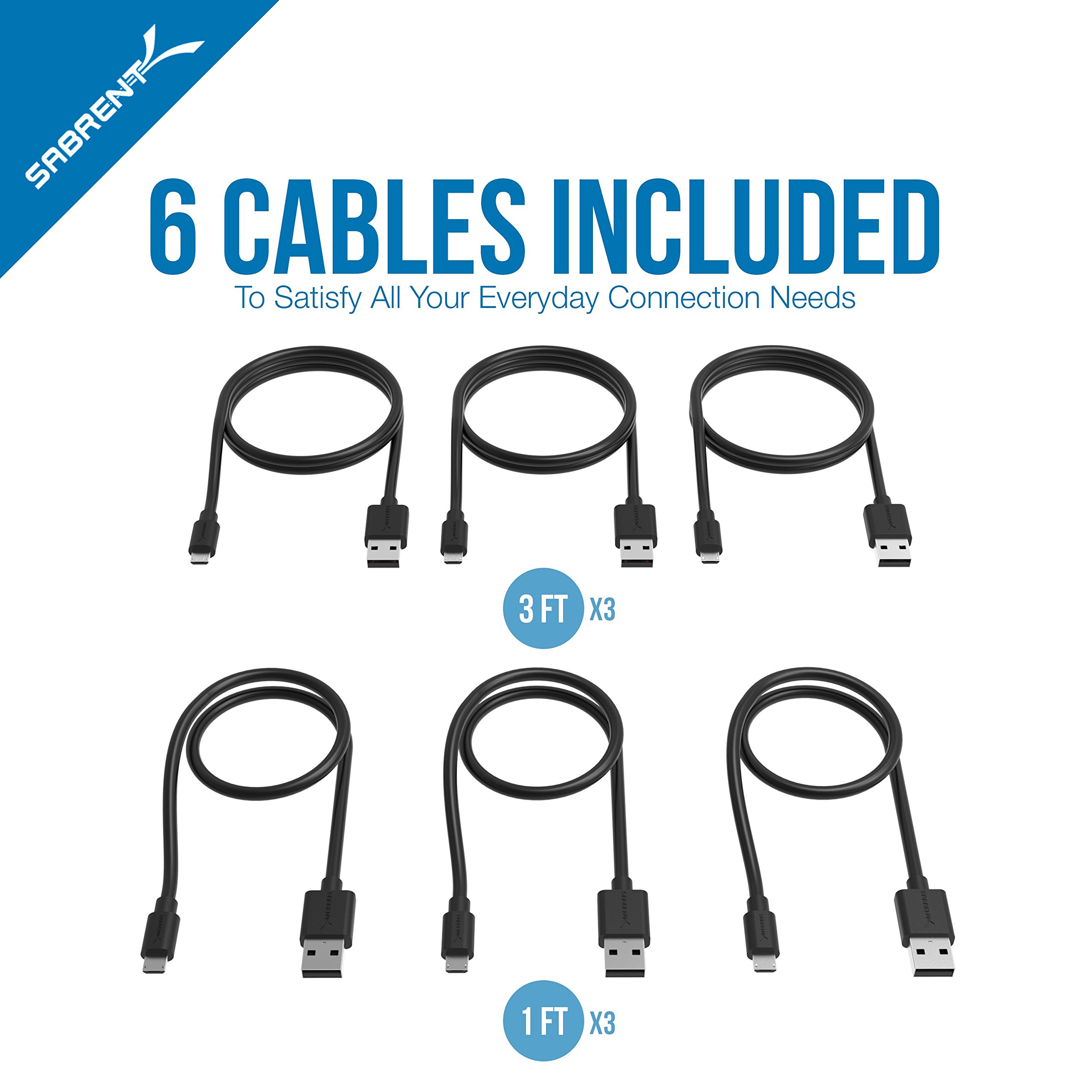SABRENT [6-Pack 22AWG Premium Micro USB Cables (X3-3ft + X3-1ft) High Speed USB 2.0 A Male to Micro B Sync and Charge Cables [Black] (CB-U631)
