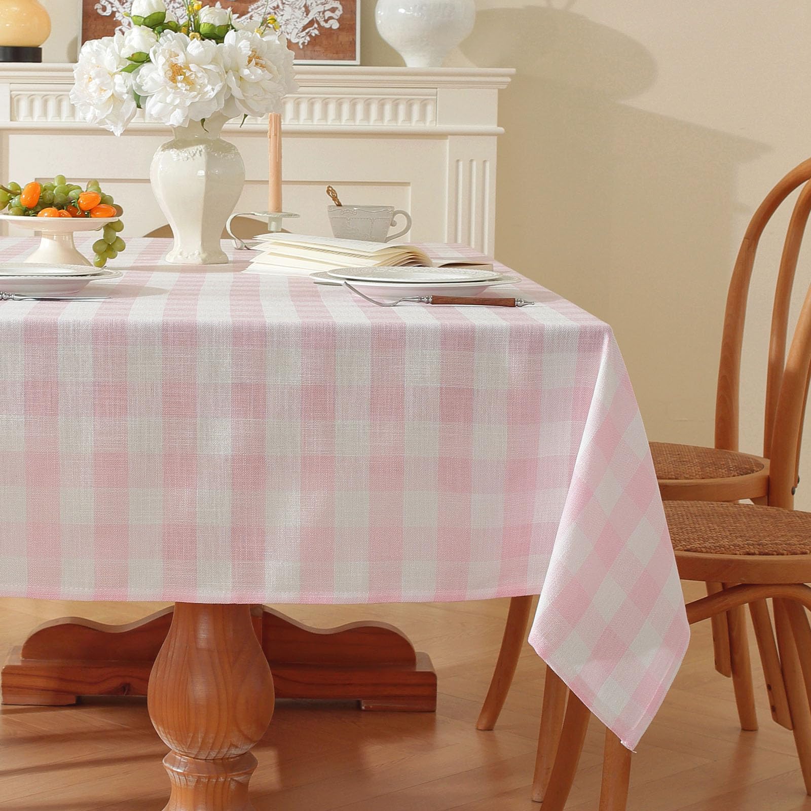 Photo 1 of gillhov Gingham Tablecloth Rectangle Checkered Table Cloth Cotton Linen Fabric Wrinkle Free Washable Buffalo Plaid Table Cover for Kitchen Dining Picnic Camping, Pink and White, 55 * 120 inch