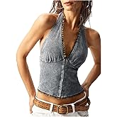 RoseSeek Women's Backless Frill Halter Tops V Neck Sleeveless Washed Cropped Tank Top