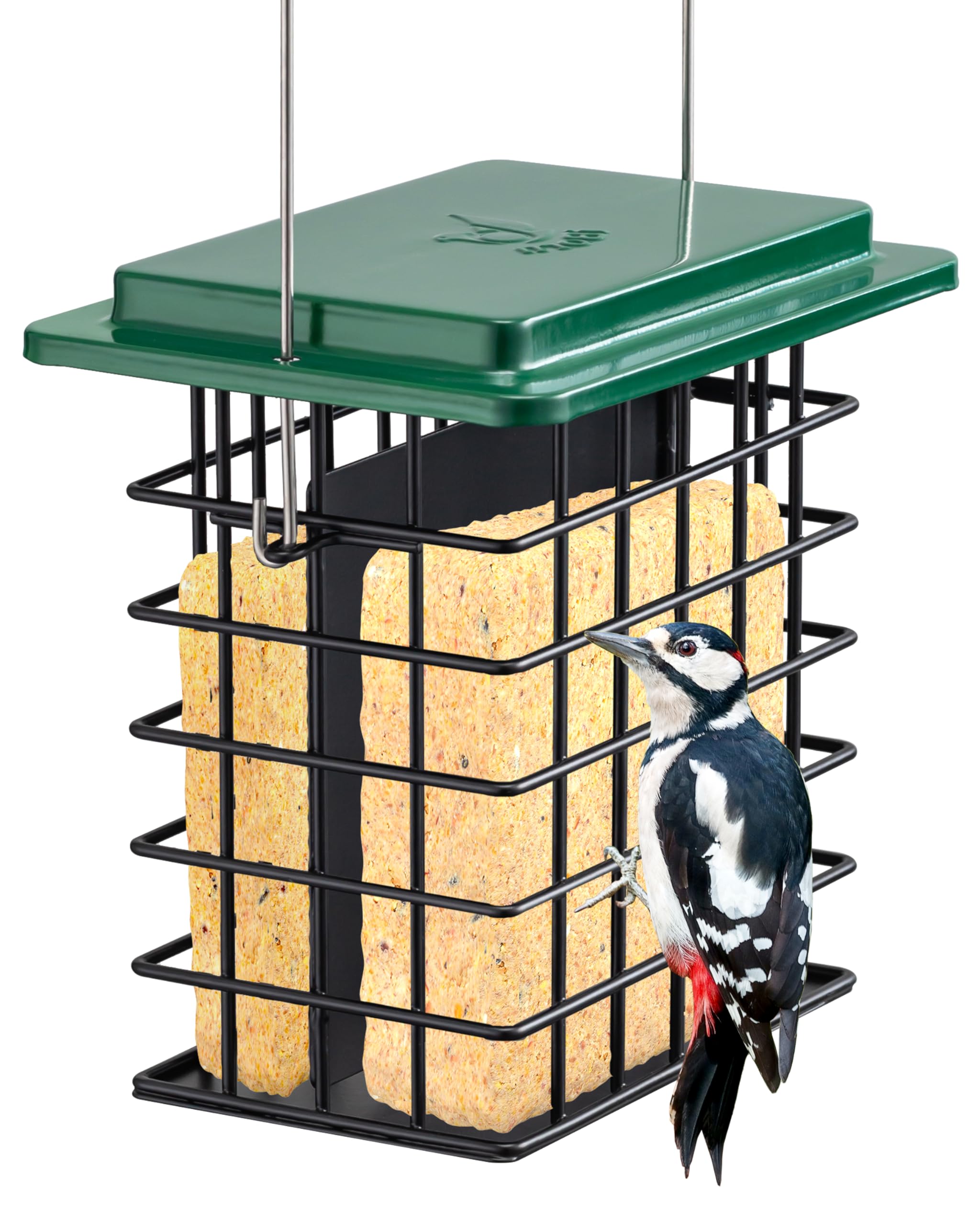 iBorn Double Suet Feeder- Metal Roof Bird Feeder with Taller Grid for Woodpeckers, Suet Cake Cage Bird Feeder for Outdoors Hanging,Easy-Clean & Refill,Green (1 Pack)