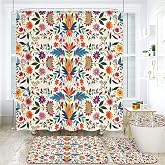 YWZDS Mexican Floral Bathroom Set, 4-Piece with Shower Curtain 71x71, Bath Mat, Contour Rug, Toilet Lid Cover (White)