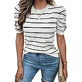 Ferrendo Women's Puff Short Sleeve Striped Tops Crewneck Knit T Shirts 2026 Trendy Spring Summer Fitted Tees