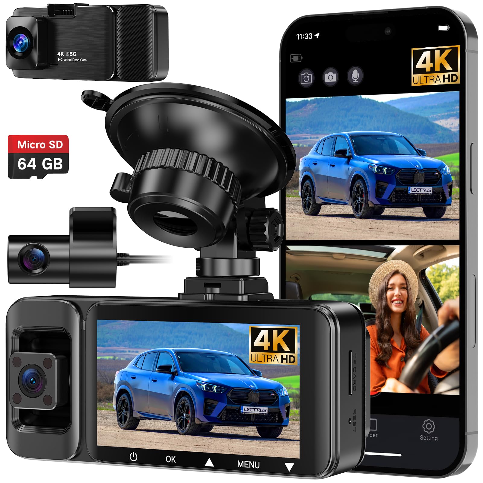 Photo 1 of 4k Dash Cam Front and Rear Inside, 3 Channel Dash Camera for Cars, APP Control, Night Vision, 3" IPS Screen, Built-in Wi-Fi, G-Sensor, 24H Parking Mode, Loop Recording, 64GB SD Card Included, K02 Pro