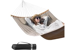 BATHONLY Double Hammock, 11 FT Quilted Fabric 2 Person Hammock for Outside with Pillow, Folding Curved Spreader Bar, Chains, Carrying Bag, Indoor Outdoor, 450 IB Capacity, BlanchedAlmond