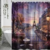 Lvetong Paris Eiffel Tower Shower Curtain, 72x72 in, French Cityscape | River Urban Landscape Pattern Design, Vintage Bathroom Decor, Waterproof Polyester Fabric, with Plastic Hooks
