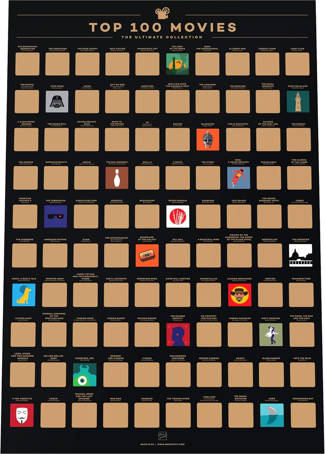 Wall Décor - Enno Vatti Top 100 Movies Scratch Off Poster - Best Films To Watch Bucket List (16.5