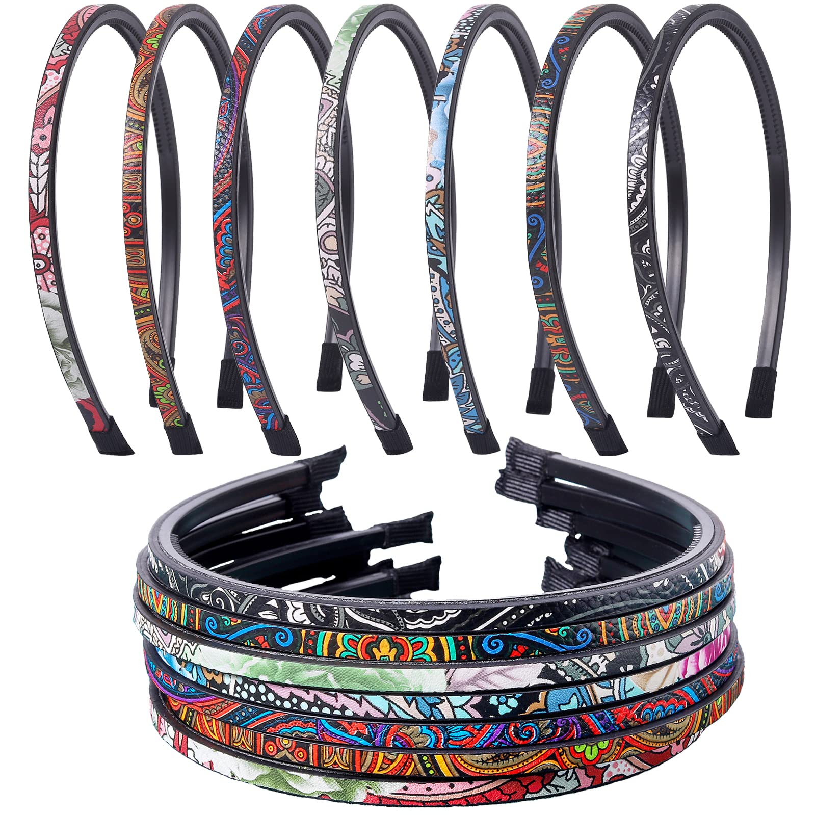 Nenjindz Skinny Headbands Thin Leather Covered Hairbands,Bohemian Plastic Hair Hoops Solid Simple Headbands for Women Girls(7 PCS)