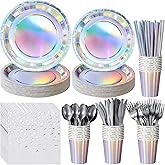 Iridescent Party Supplies Decorations, Holographic Paper Plates and Napkins Set, Disposable Iridescent Paper Plates Cups Knives Spoons Fork Straw for Mermaid Birthday Wedding Party, Serve 25