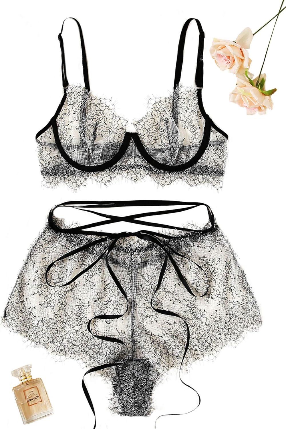 SweatyRocks Women's Floral Lace Underwire Bra and Panty 2 Piece Lingerie Set: Clothing