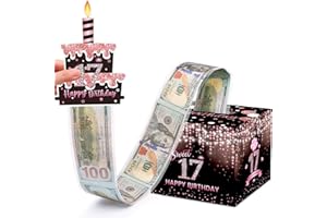 Meiidoshine Sweet 17th Birthday Money Box for Cash Gift, Surprise Pull Out Money Gift Box with 100Pcs Transparent Bags - Fun Ways to Give Cash as A 17th Birthday Gift for Girls